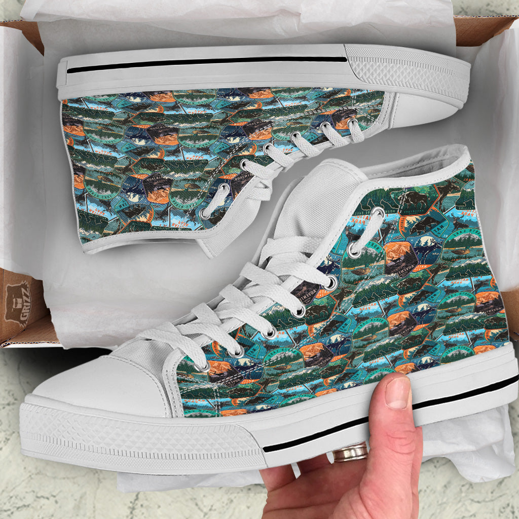 National Park Colorful Vintage Print Pattern White High Top Shoes-grizzshop
