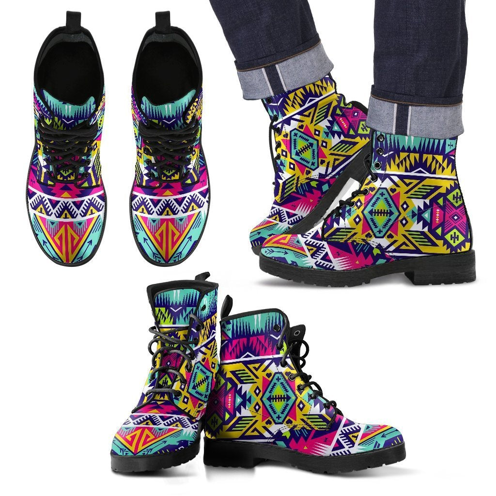 Native American Indians Aztec Tribal Navajo Print Men Leather Boots-grizzshop