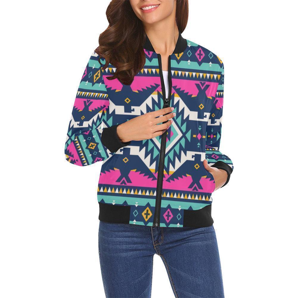Native American Tribal Navajo Indians Aztec Print Women Casual Bomber Jacket-grizzshop