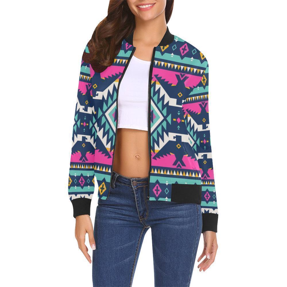 Native American Tribal Navajo Indians Aztec Print Women Casual Bomber Jacket-grizzshop