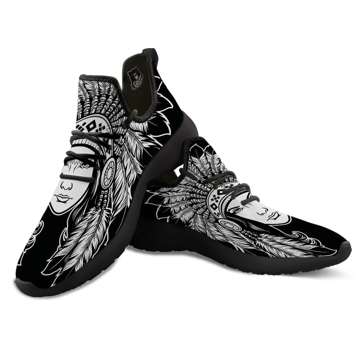 Native Indian Girl Tribal Print Black Athletic Shoes-grizzshop