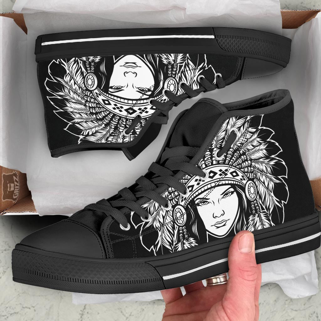 Native Indian Girl Tribal Print Black High Top Shoes-grizzshop