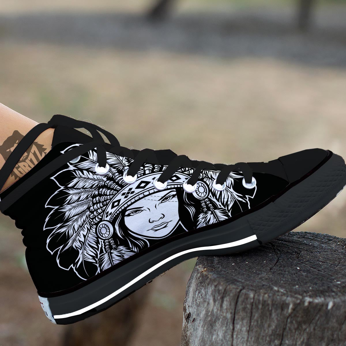 Native Indian Girl Tribal Print Black High Top Shoes-grizzshop