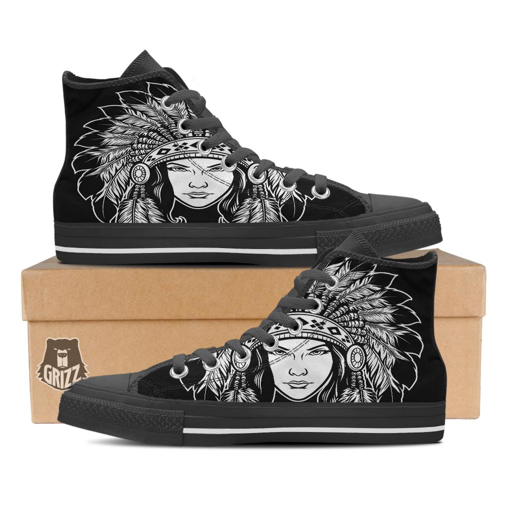 Native Indian Girl Tribal Print Black High Top Shoes-grizzshop