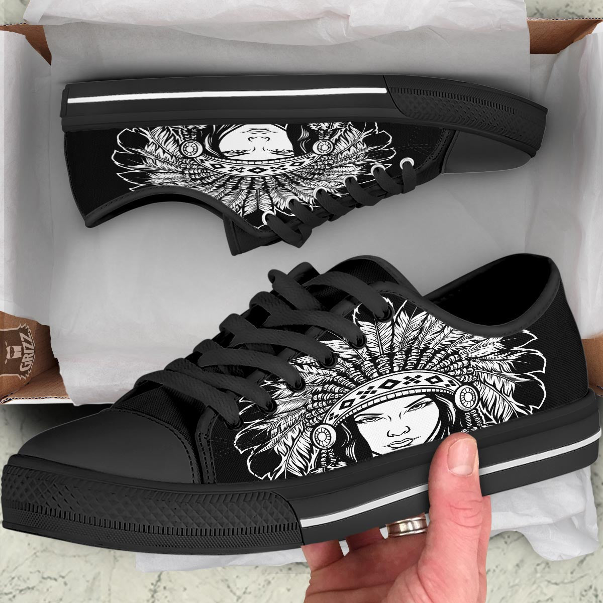 Native Indian Girl Tribal Print Black Low Top Shoes-grizzshop