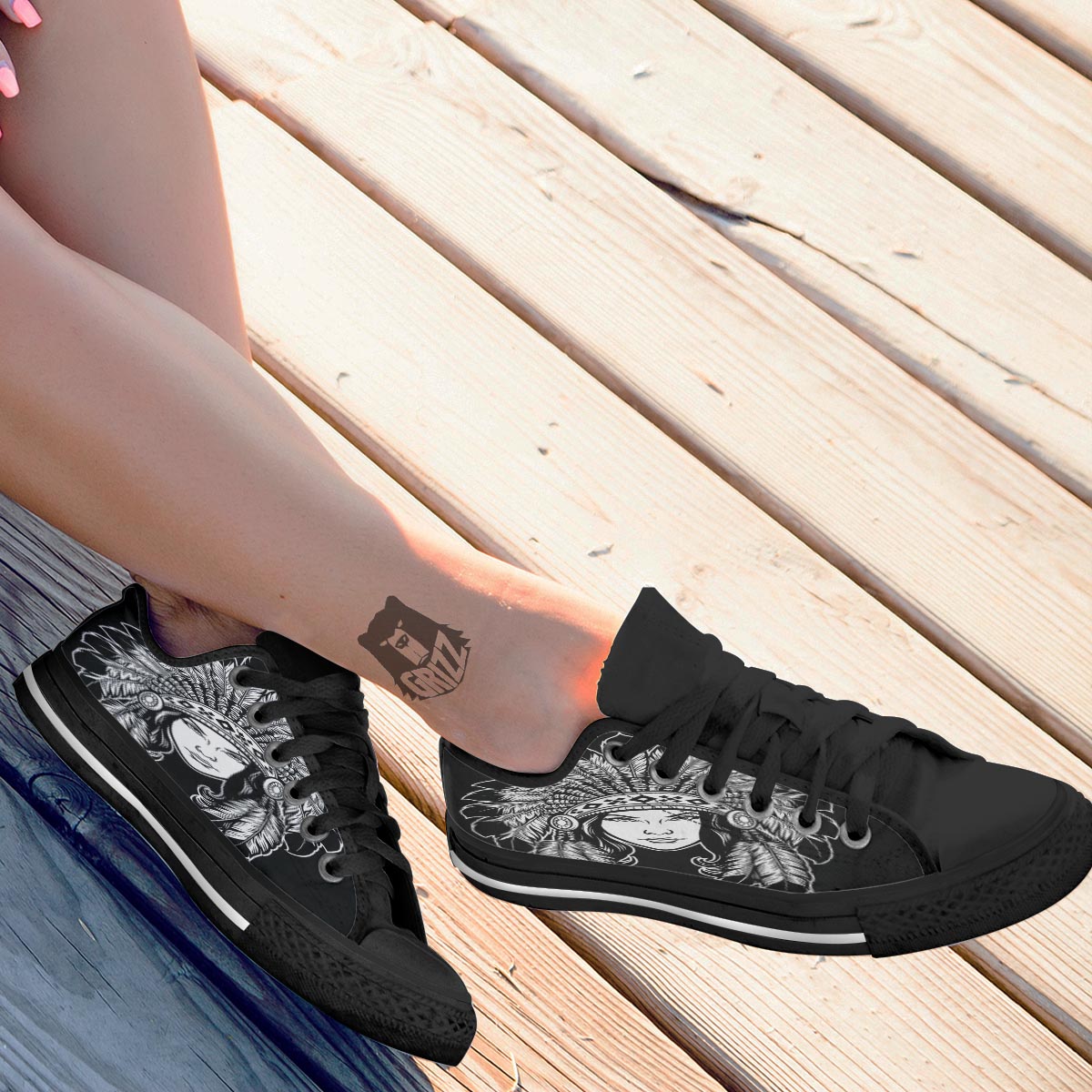 Native Indian Girl Tribal Print Black Low Top Shoes-grizzshop