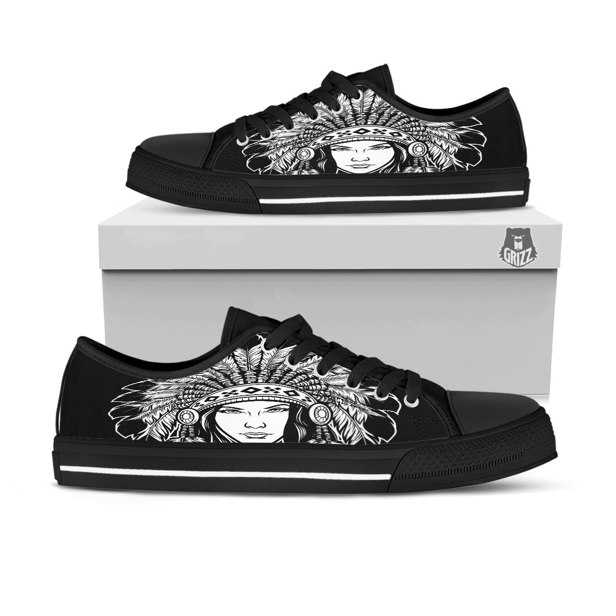Native Indian Girl Tribal Print Black Low Top Shoes-grizzshop