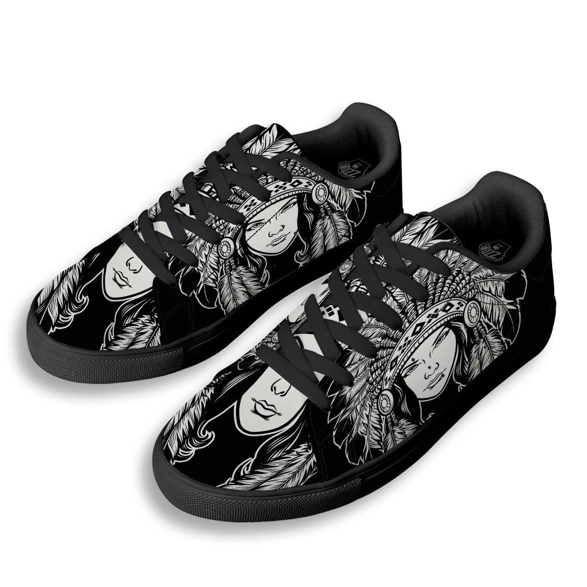 Native Indian Girl Tribal Print Black Low Top Sneakers-grizzshop