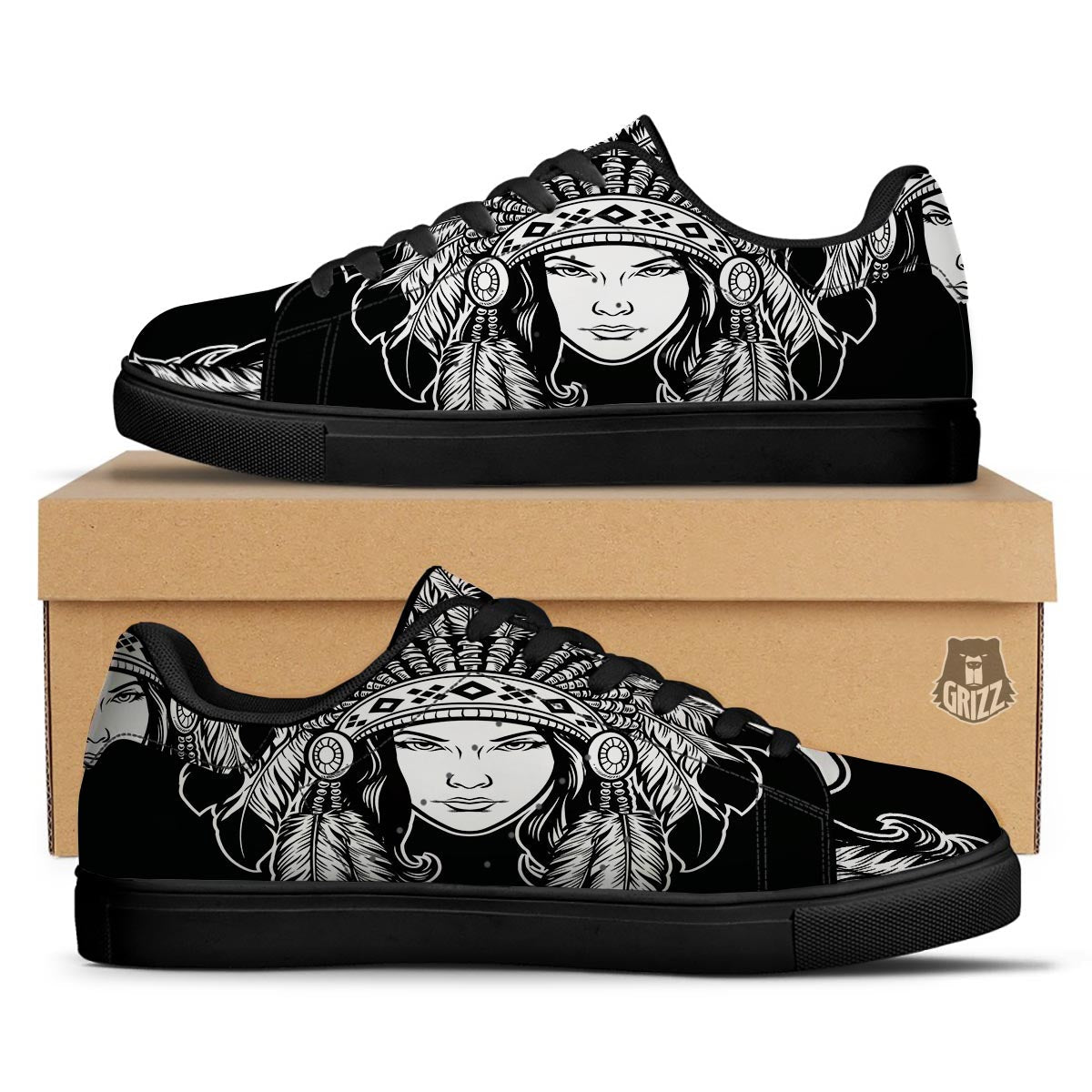 Native Indian Girl Tribal Print Black Low Top Sneakers-grizzshop