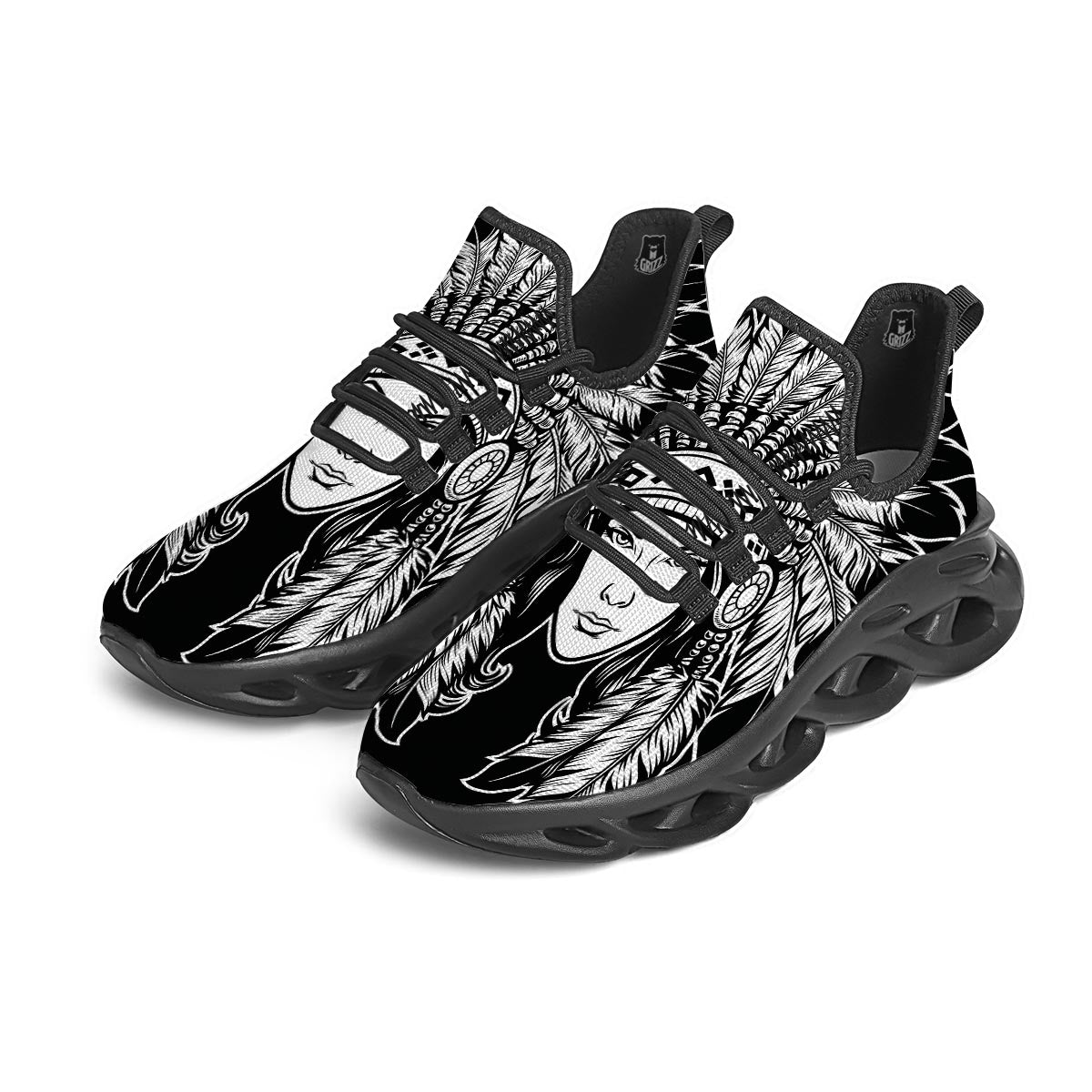 Native Indian Girl Tribal Print Black Running Shoes-grizzshop