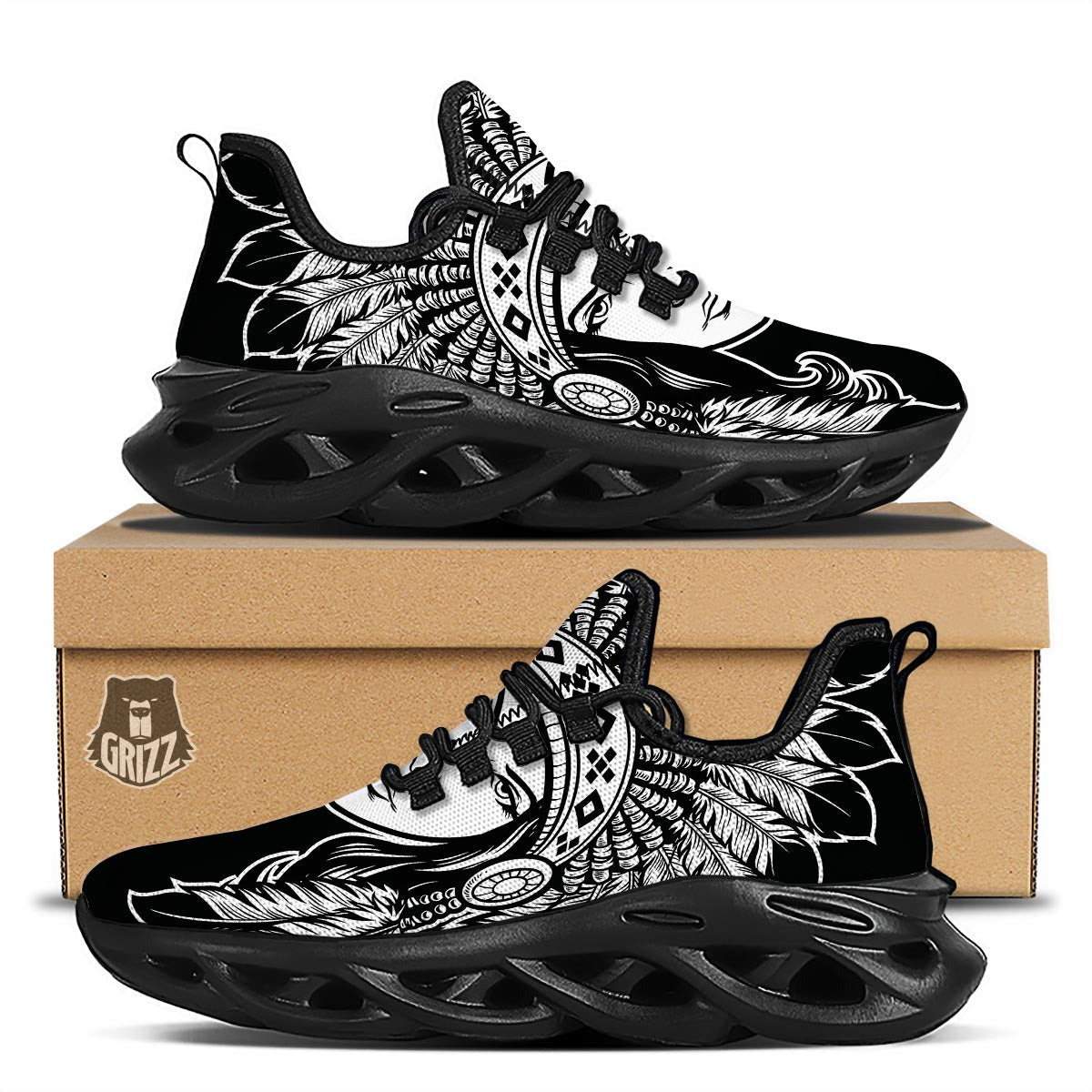 Native Indian Girl Tribal Print Black Running Shoes-grizzshop