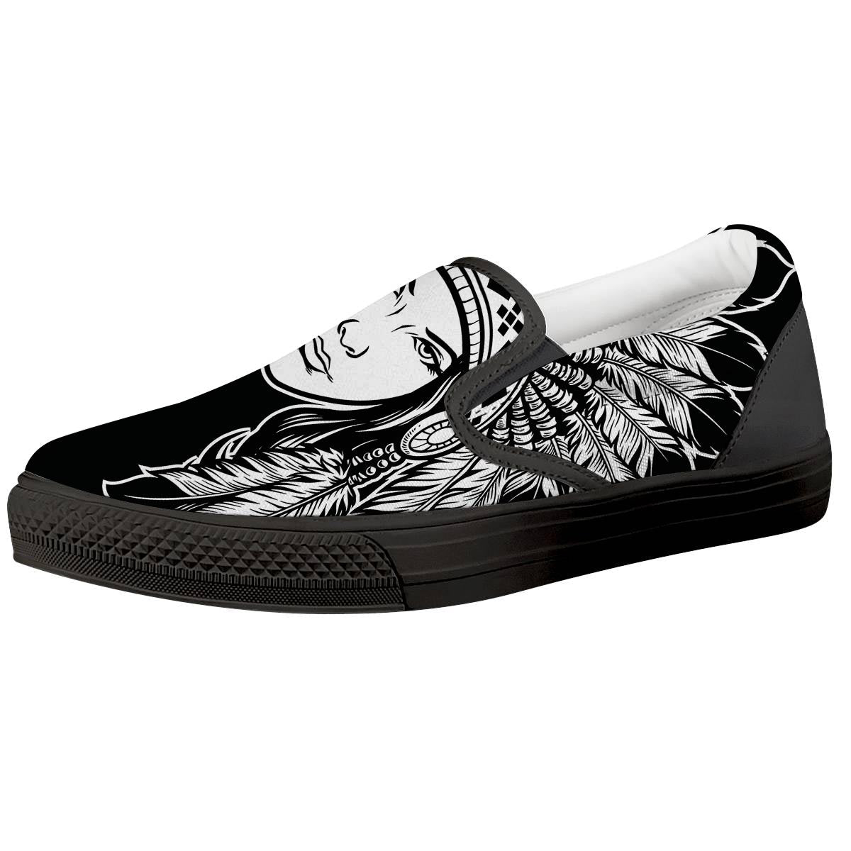 Native Indian Girl Tribal Print Black Slip On Shoes-grizzshop