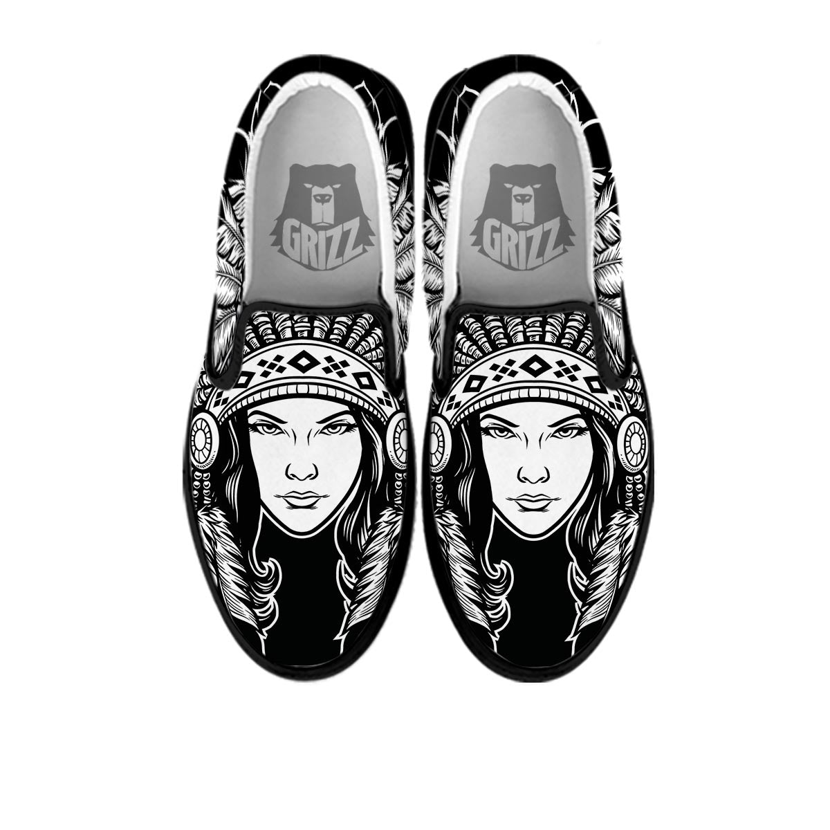 Native Indian Girl Tribal Print Black Slip On Shoes-grizzshop