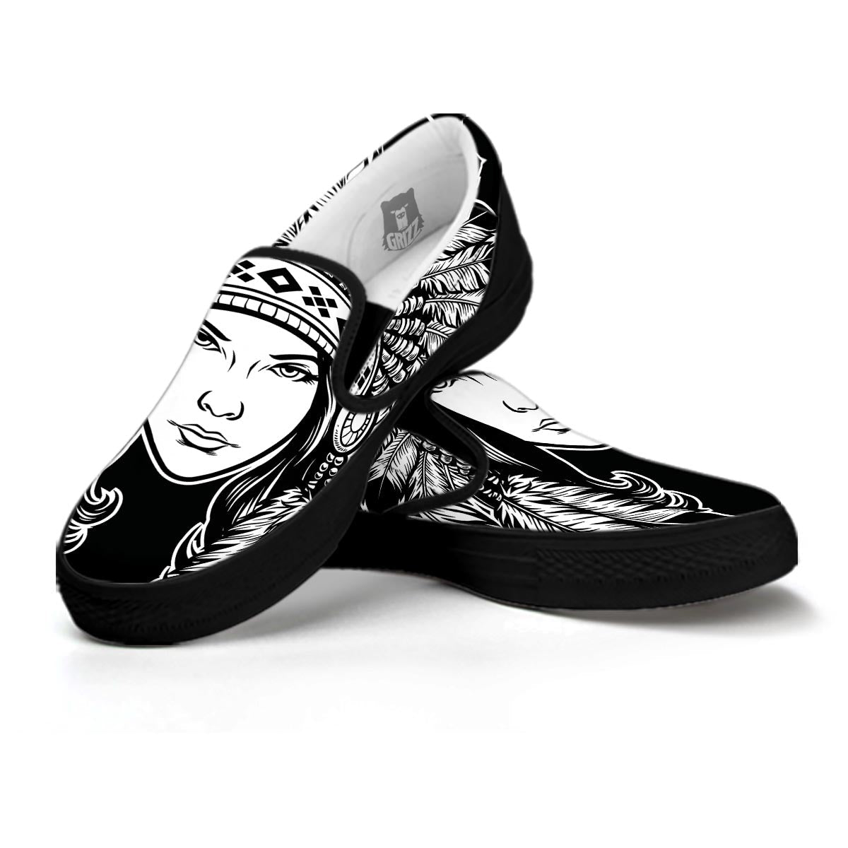 Native Indian Girl Tribal Print Black Slip On Shoes-grizzshop