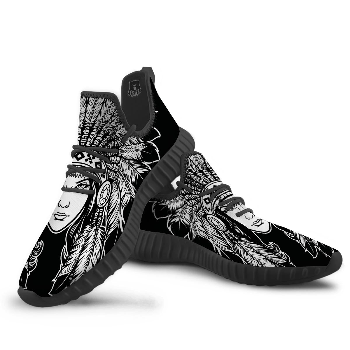 Native Indian Girl Tribal Print Black Walking Shoes-grizzshop
