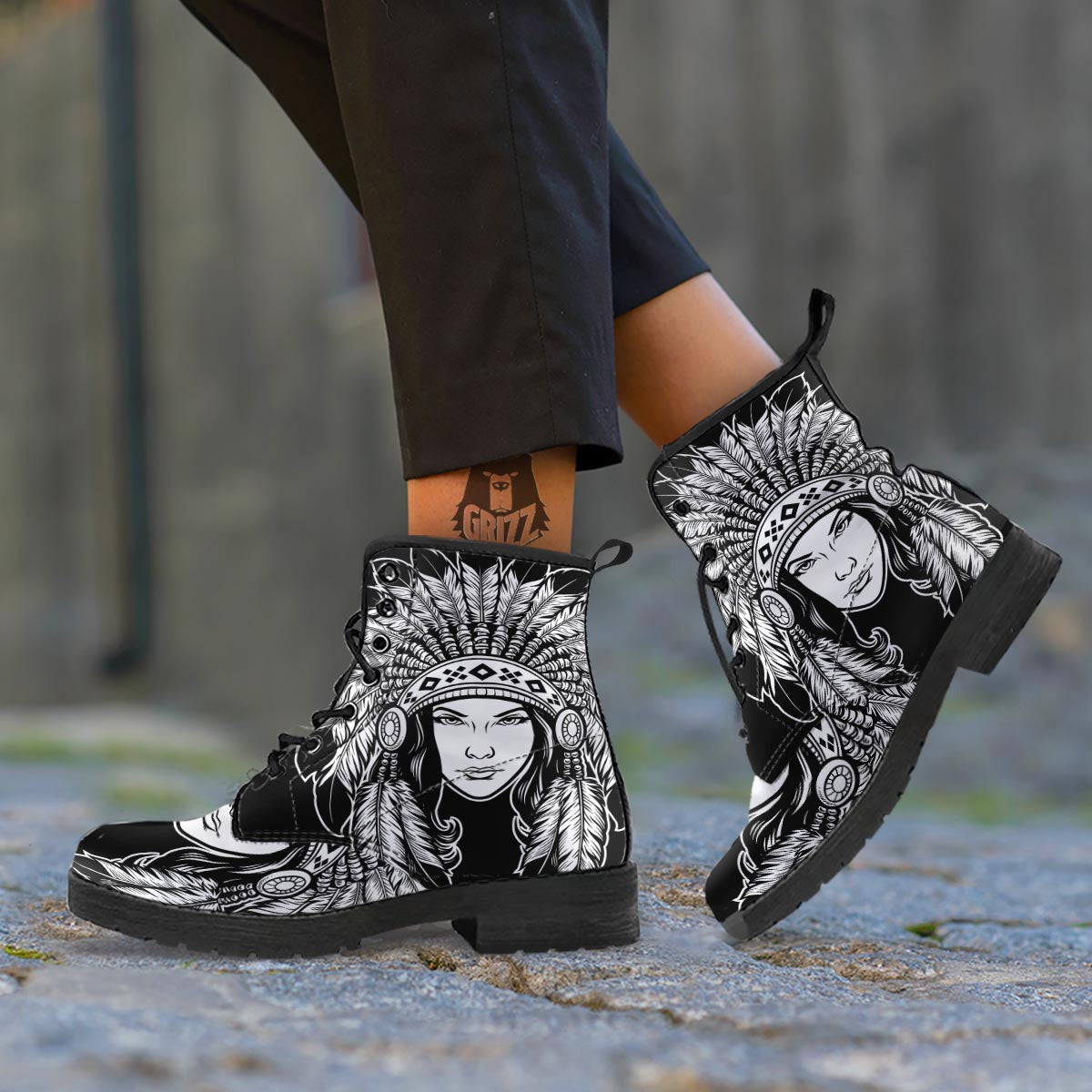 Native Indian Girl Tribal Print Leather Boots-grizzshop