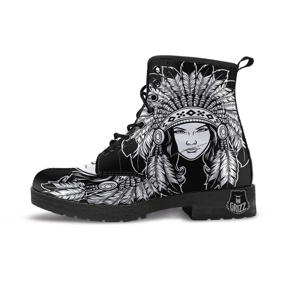 Native Indian Girl Tribal Print Leather Boots-grizzshop