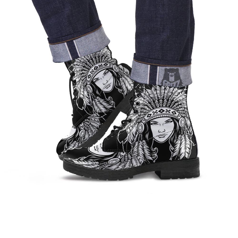Native Indian Girl Tribal Print Leather Boots-grizzshop