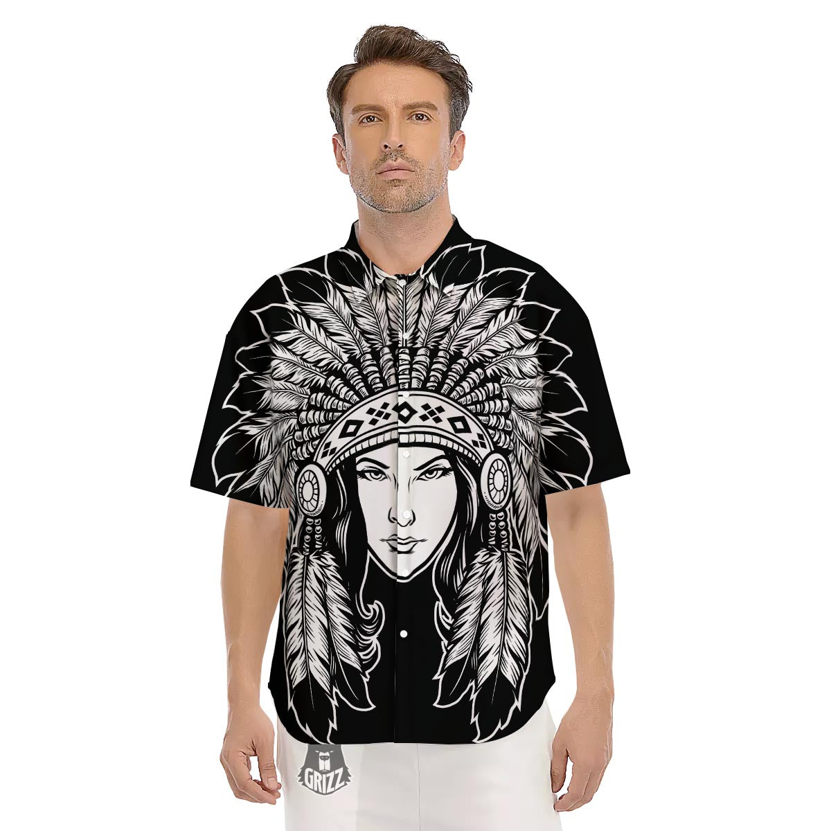 Native Indian Girl Tribal Print Men's Short Sleeve Shirts-grizzshop
