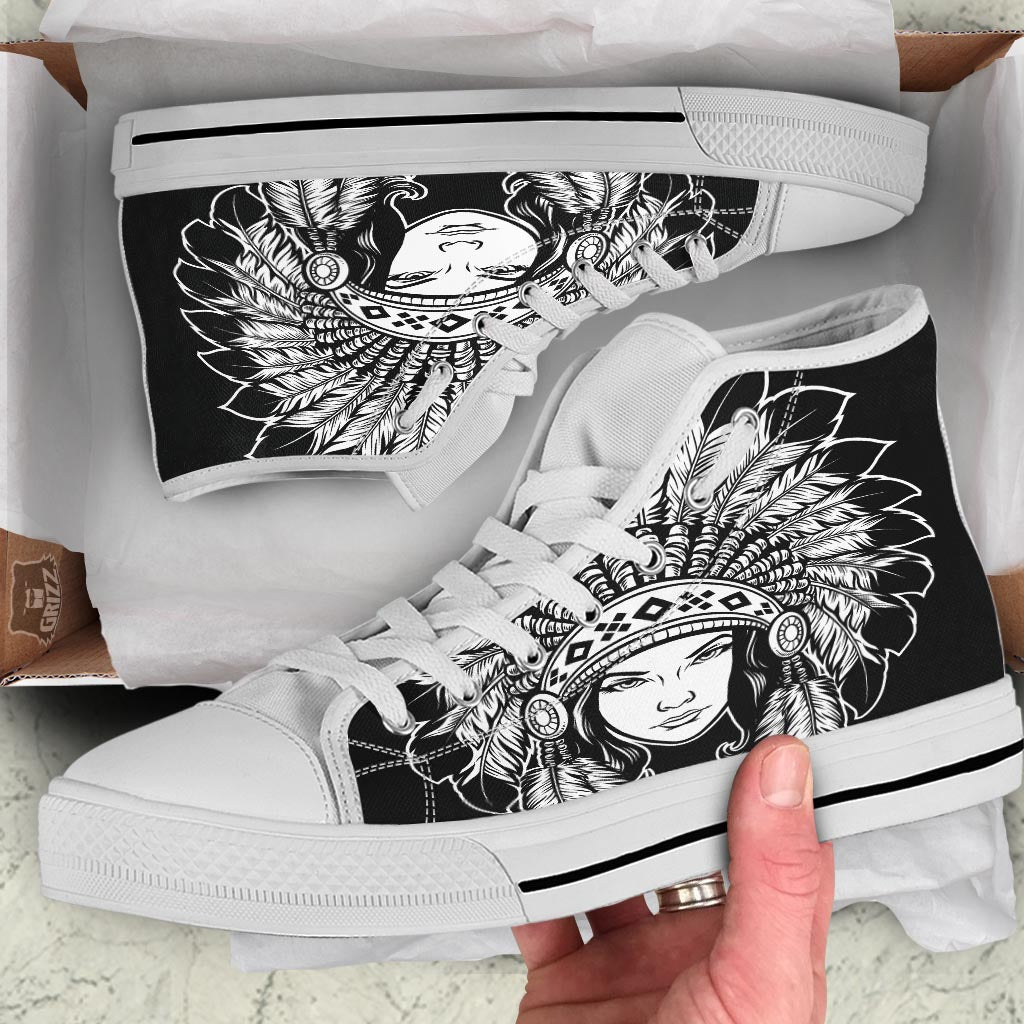 Native Indian Girl Tribal Print White High Top Shoes-grizzshop