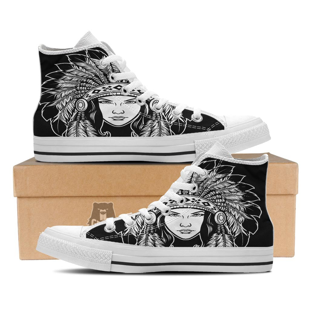 Native Indian Girl Tribal Print White High Top Shoes-grizzshop