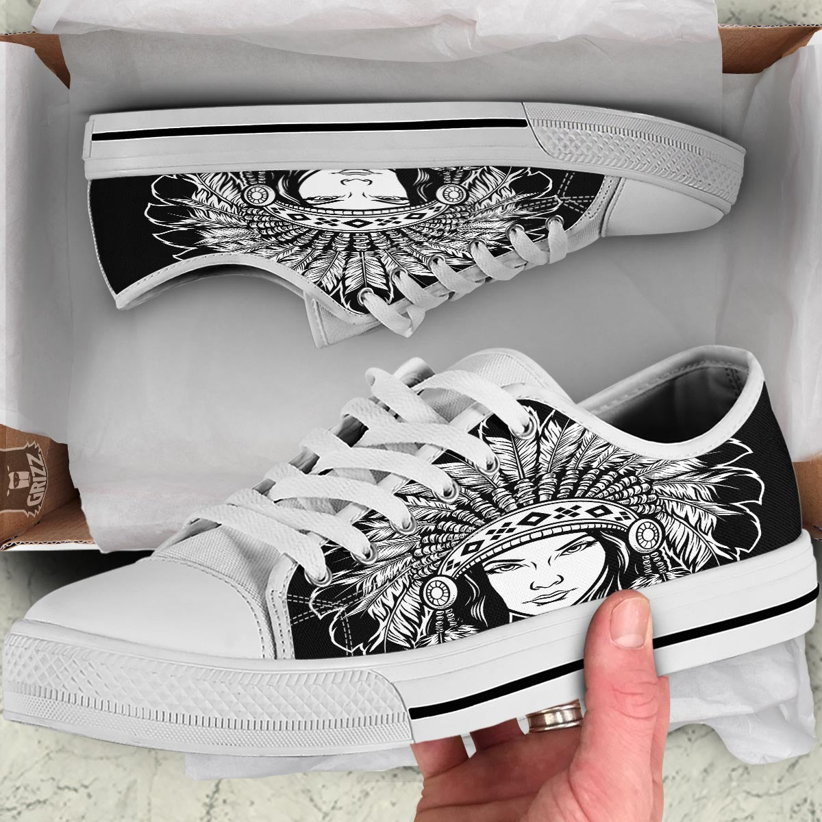 Native Indian Girl Tribal Print White Low Top Shoes-grizzshop