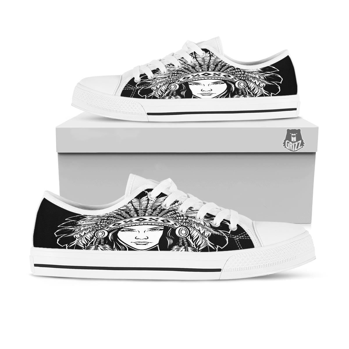 Native Indian Girl Tribal Print White Low Top Shoes-grizzshop