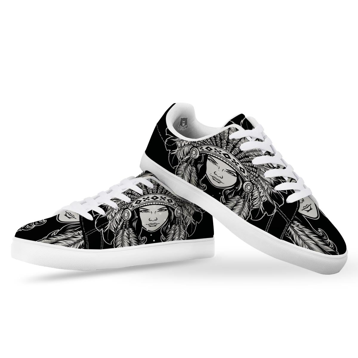 Native Indian Girl Tribal Print White Low Top Sneakers-grizzshop