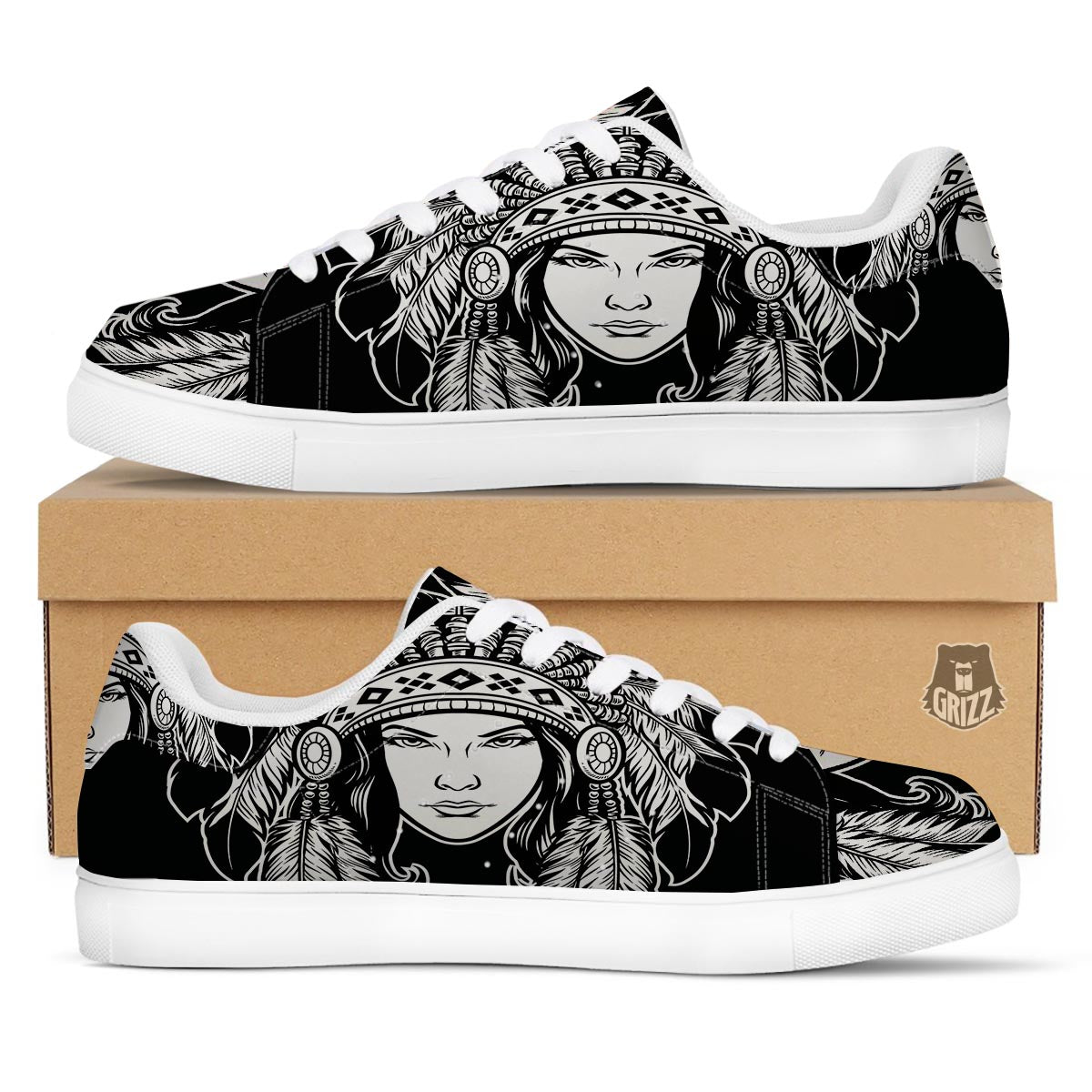 Native Indian Girl Tribal Print White Low Top Sneakers-grizzshop