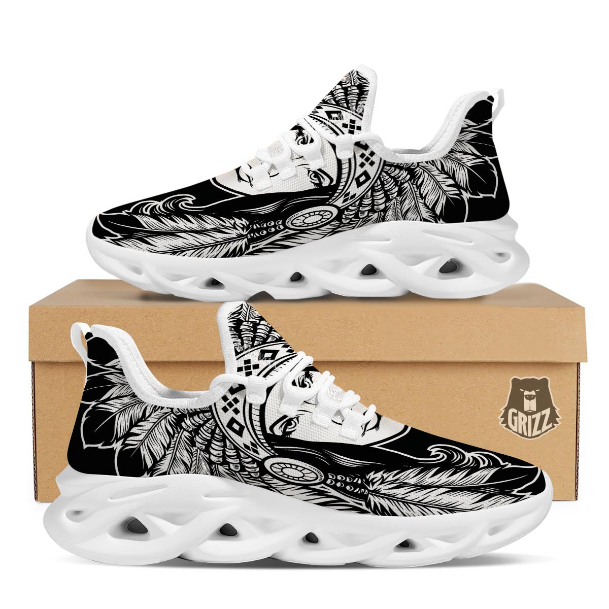 Native Indian Girl Tribal Print White Running Shoes-grizzshop
