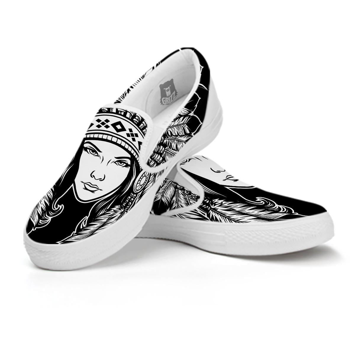 Native Indian Girl Tribal Print White Slip On Shoes-grizzshop
