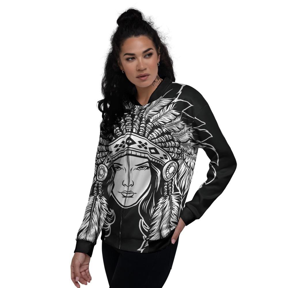 Native Indian Girl Tribal Print Women's Bomber Jacket-grizzshop