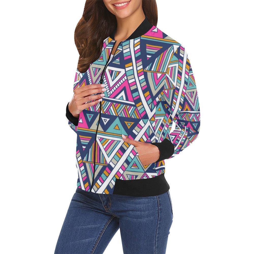 Native Navajo American Indians Aztec Tribal Print Women Casual Bomber Jacket-grizzshop