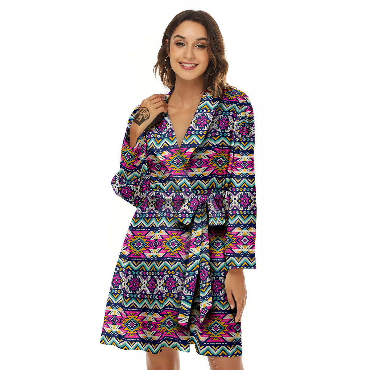 Native Navajo Colorful Geometric Print Women's Robe-grizzshop