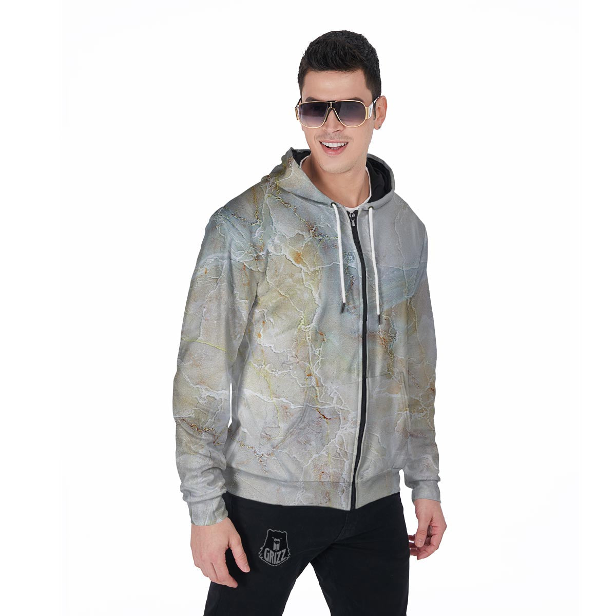 Natural Brown Marble Men's Zip Up Hoodie-grizzshop