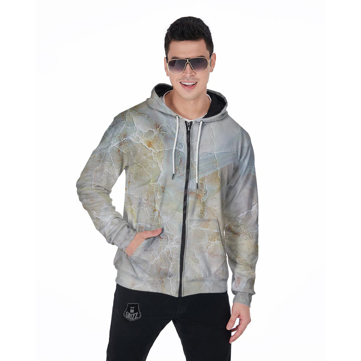 Natural Brown Marble Men's Zip Up Hoodie-grizzshop