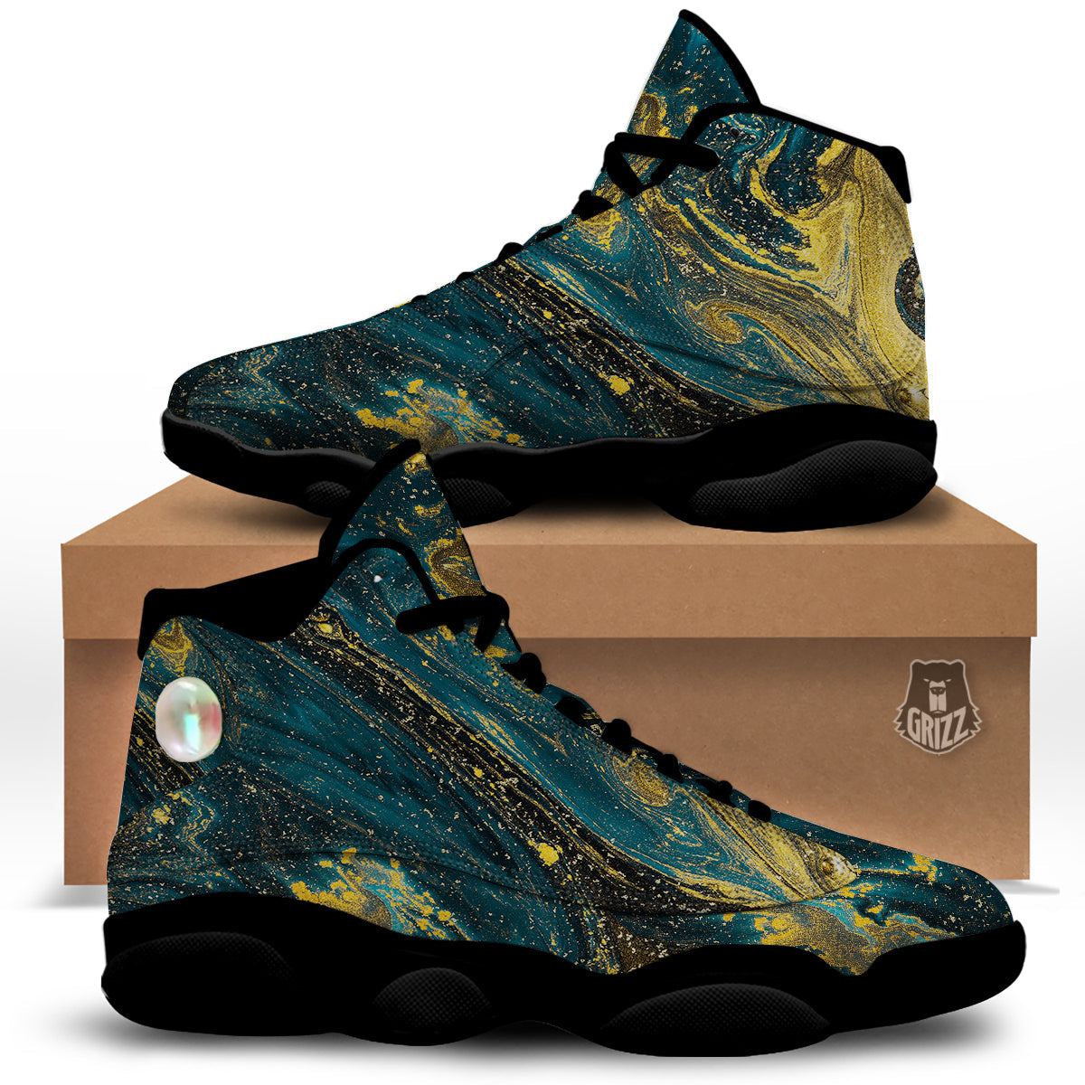 Natural Luxury Blue And Gold Marble Print Black Basketball Shoes-grizzshop