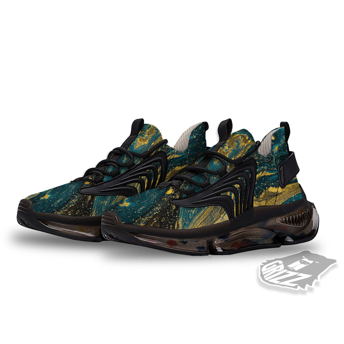 Natural Luxury Blue And Gold Marble Print Black Gym Shoes-grizzshop
