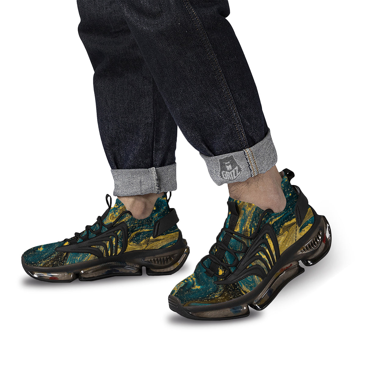 Natural Luxury Blue And Gold Marble Print Black Gym Shoes-grizzshop