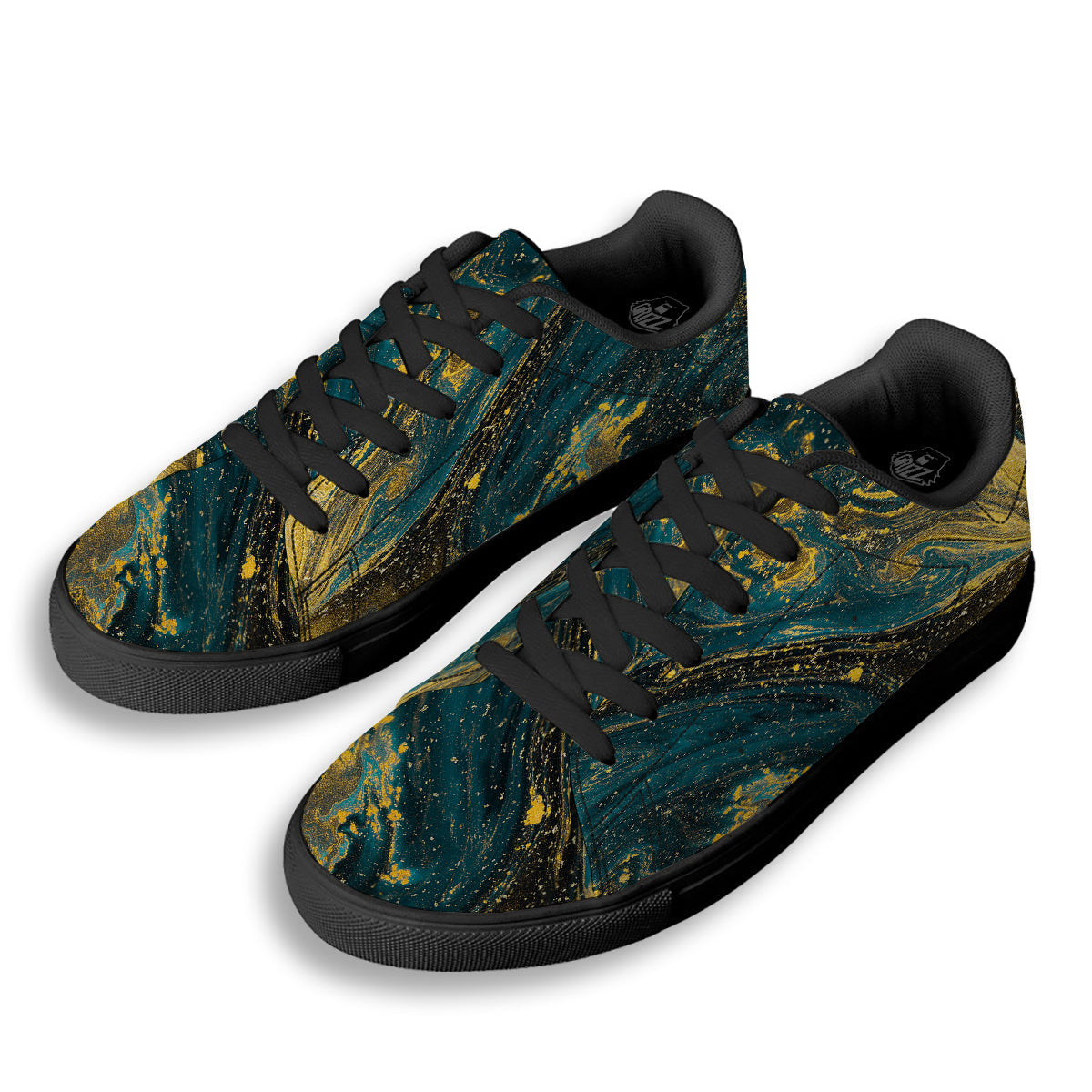 Natural Luxury Blue And Gold Marble Print Black Low Top Sneakers-grizzshop