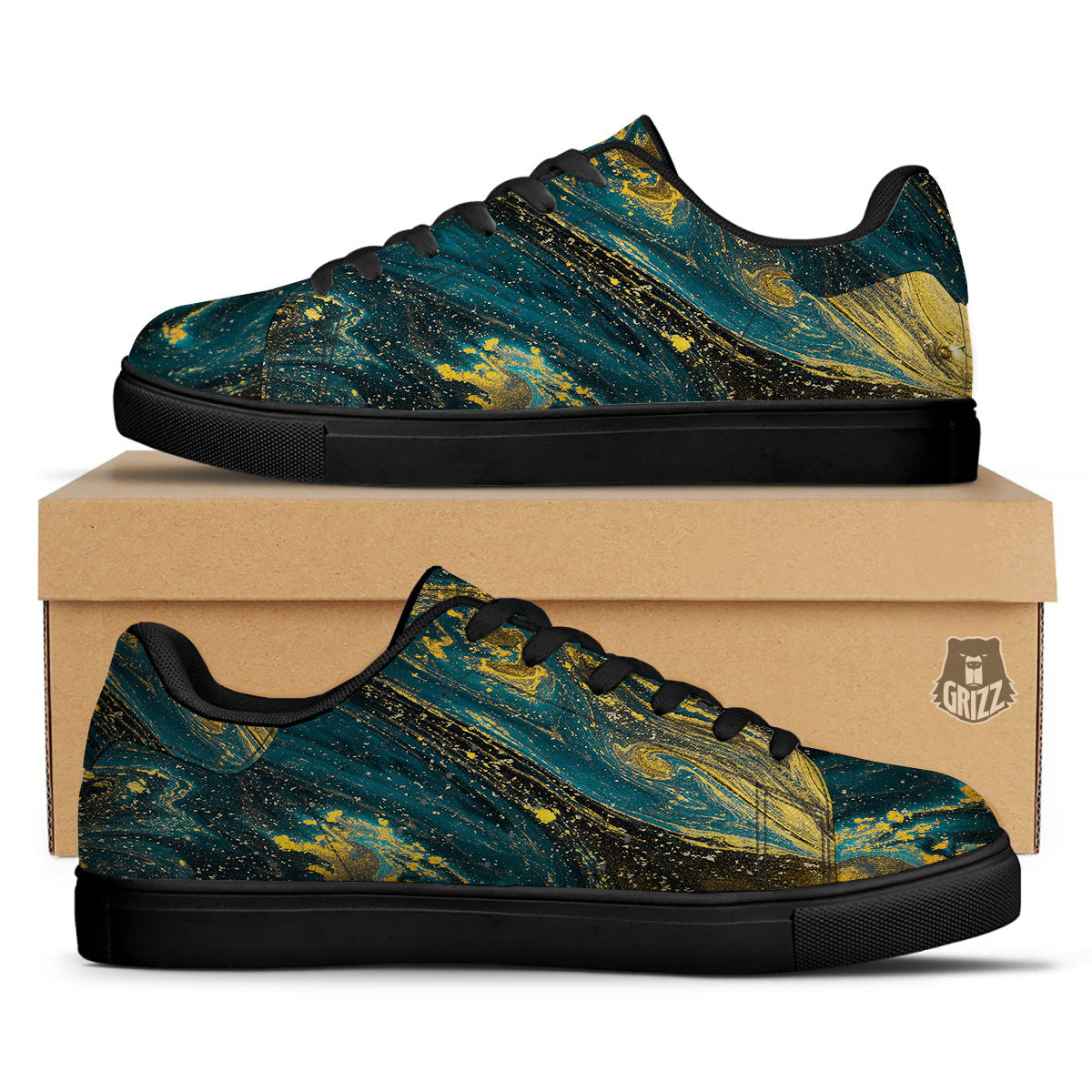 Natural Luxury Blue And Gold Marble Print Black Low Top Sneakers-grizzshop