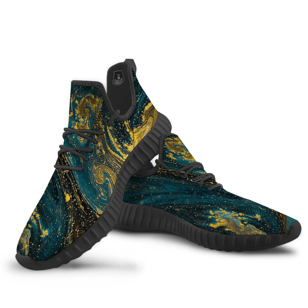 Natural Luxury Blue And Gold Marble Print Black Walking Shoes-grizzshop