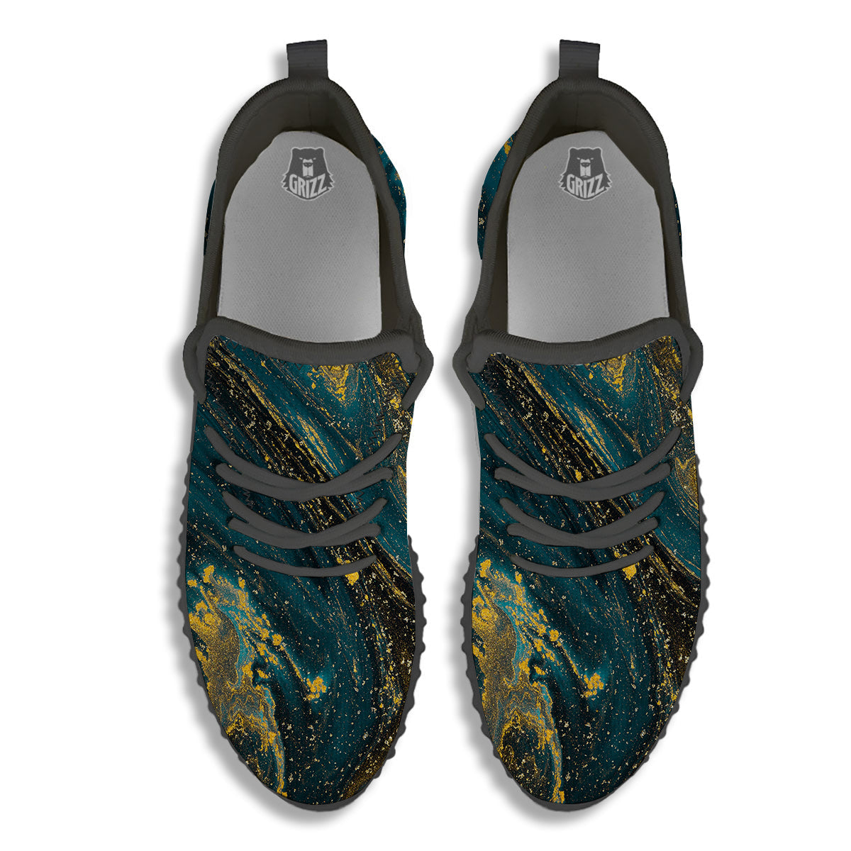 Natural Luxury Blue And Gold Marble Print Black Walking Shoes-grizzshop