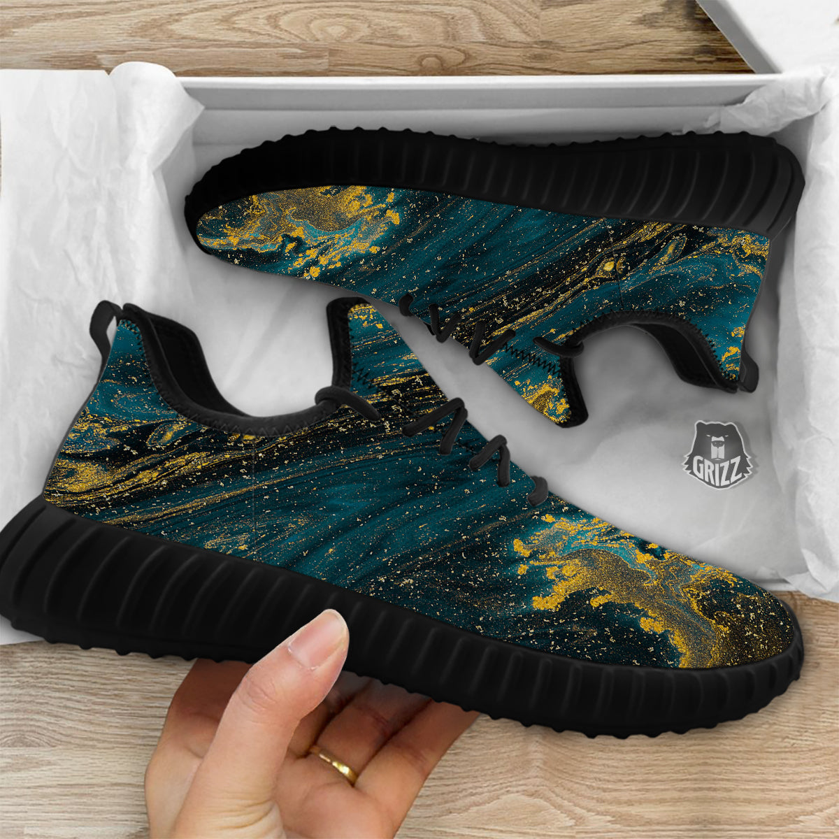 Natural Luxury Blue And Gold Marble Print Black Walking Shoes-grizzshop