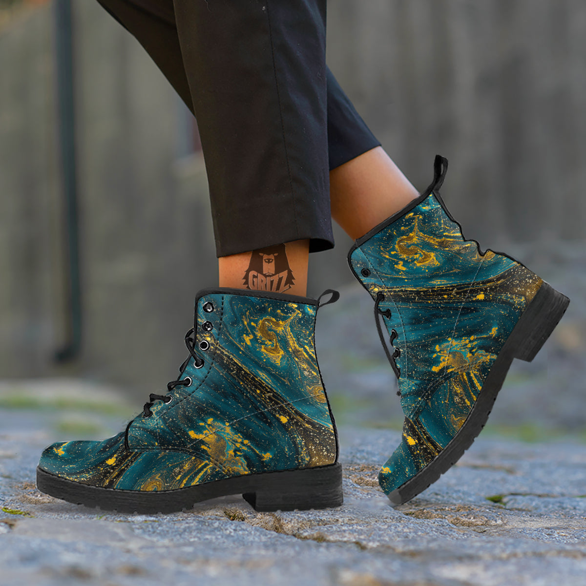 Natural Luxury Blue And Gold Marble Print Leather Boots-grizzshop