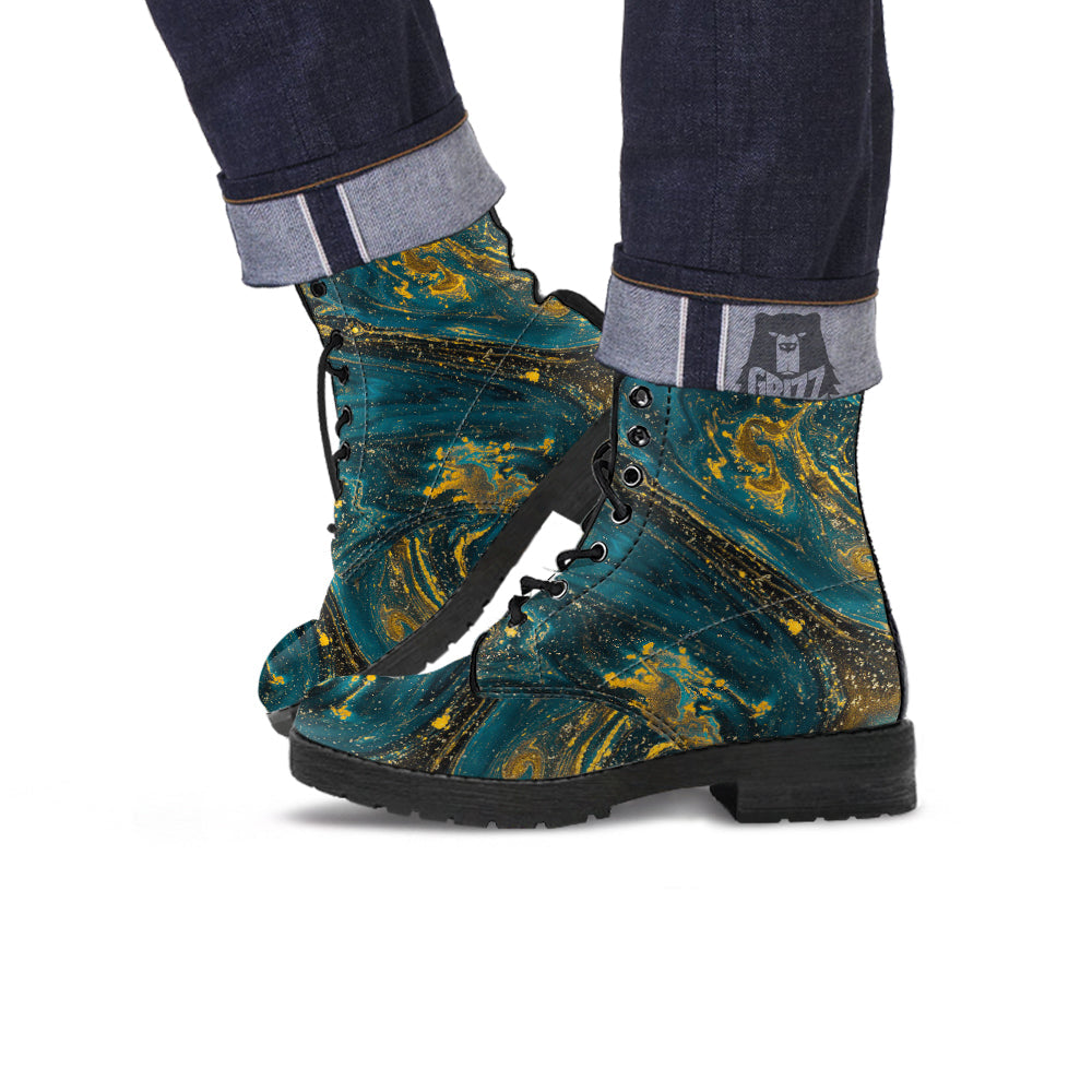 Natural Luxury Blue And Gold Marble Print Leather Boots-grizzshop