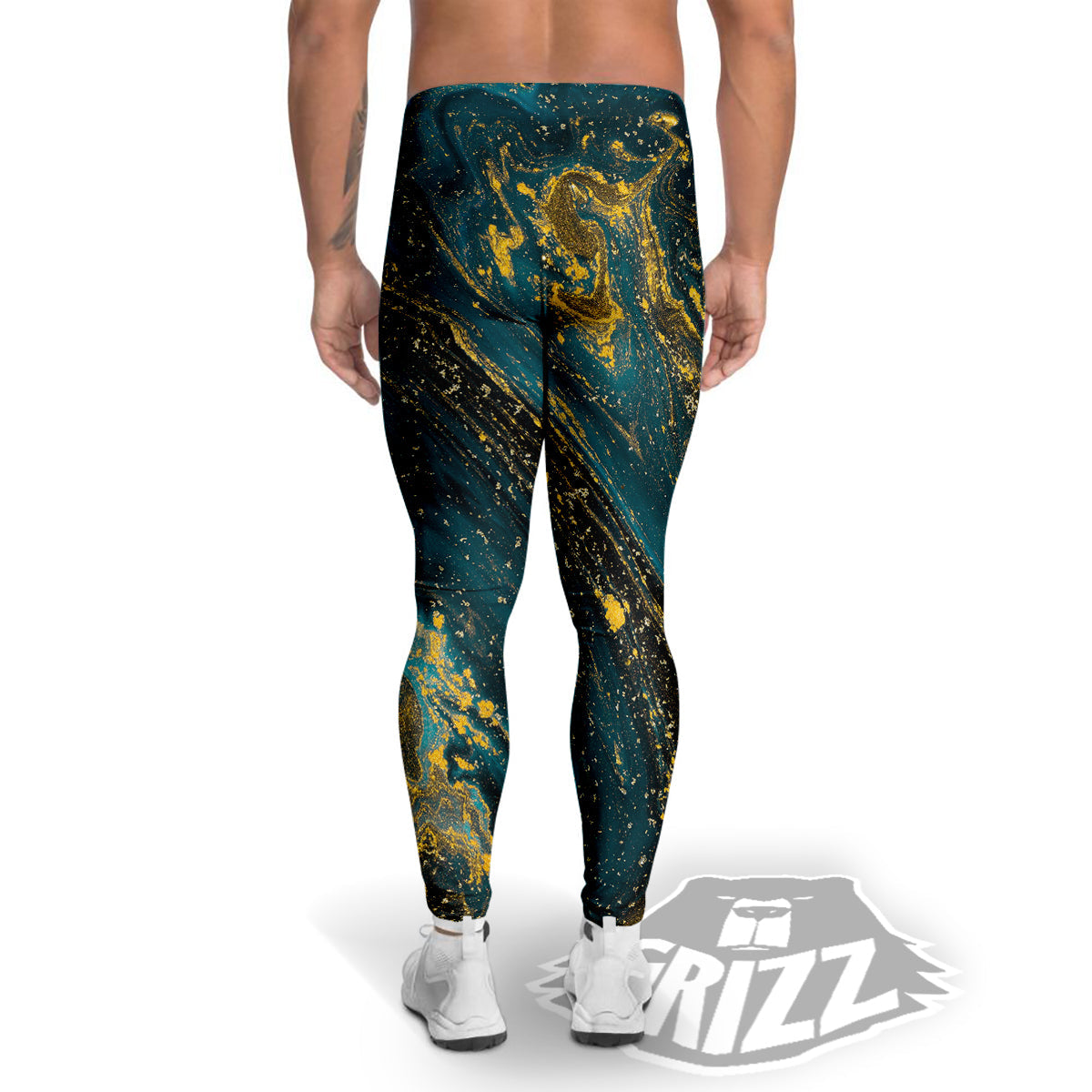 Natural Luxury Blue And Gold Marble Print Men's Leggings-grizzshop