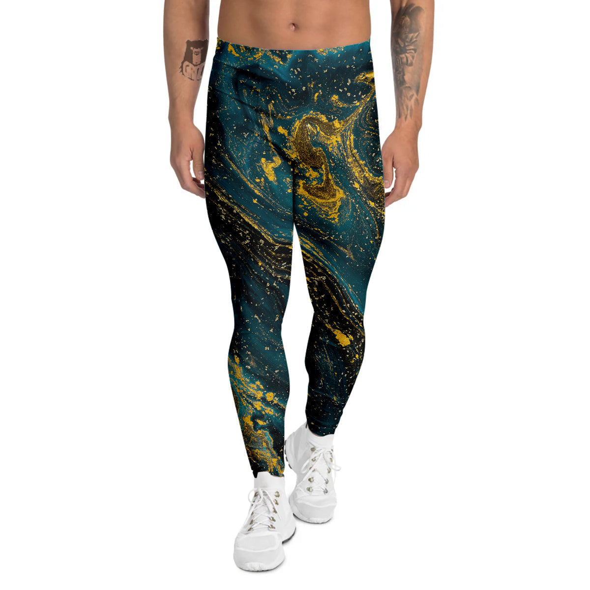 Natural Luxury Blue And Gold Marble Print Men's Leggings-grizzshop