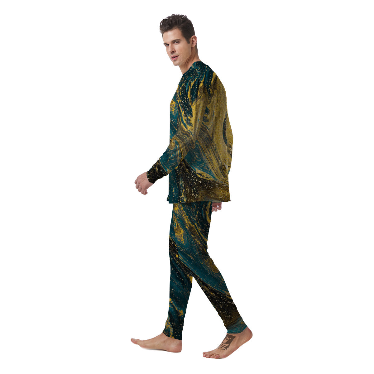 Natural Luxury Blue And Gold Marble Print Men's Pajamas-grizzshop