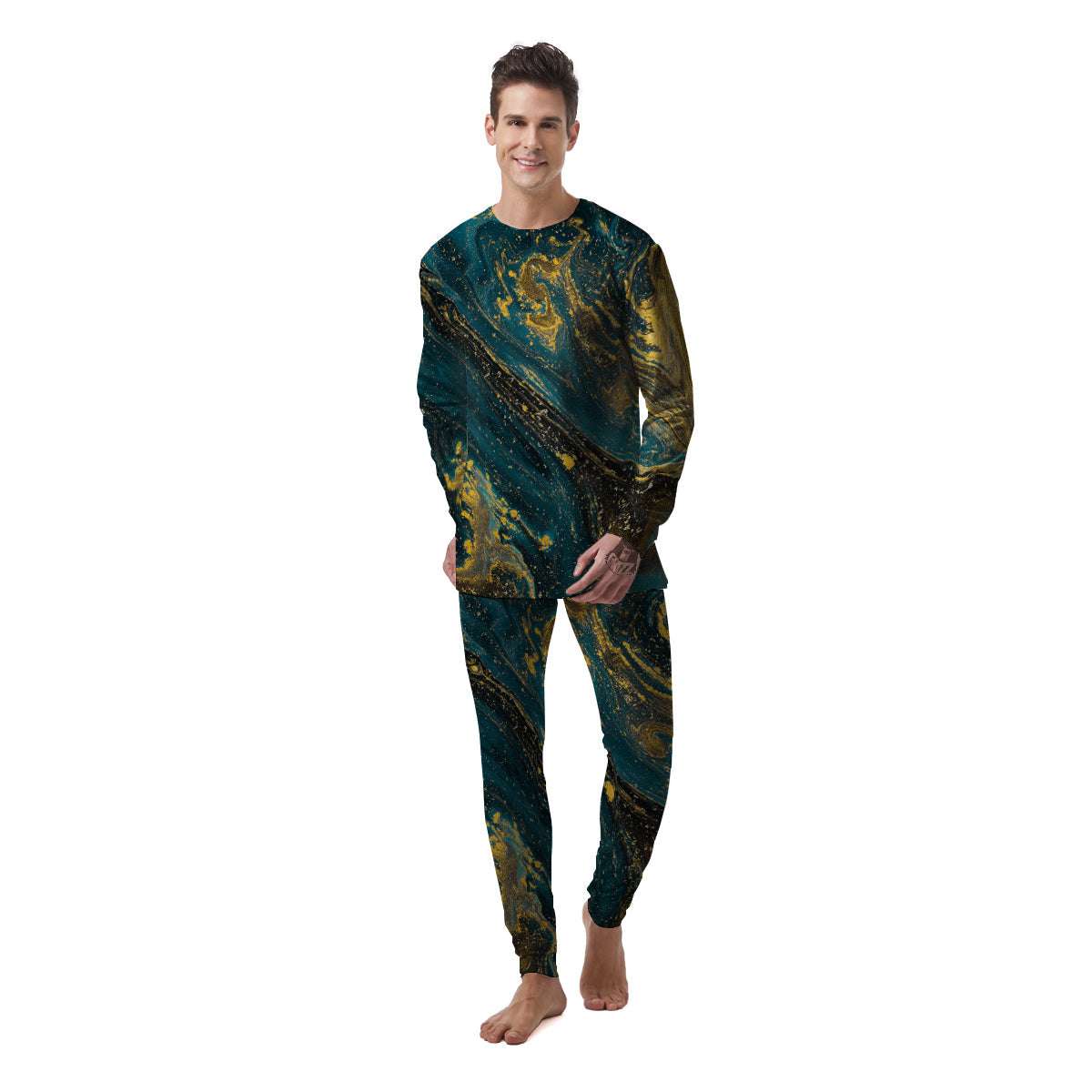 Natural Luxury Blue And Gold Marble Print Men's Pajamas-grizzshop